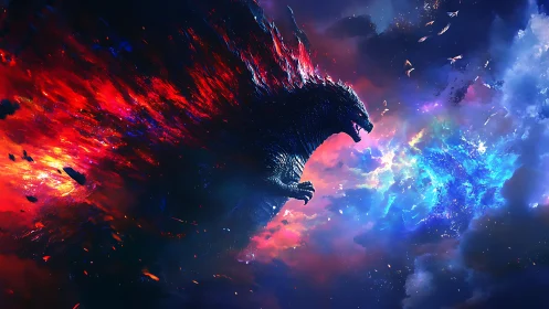 Thermonuclear kaiju silhouette bisecting chromatic nebulae.