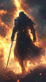 Armored swordsman standing amid vertical wall of fire.