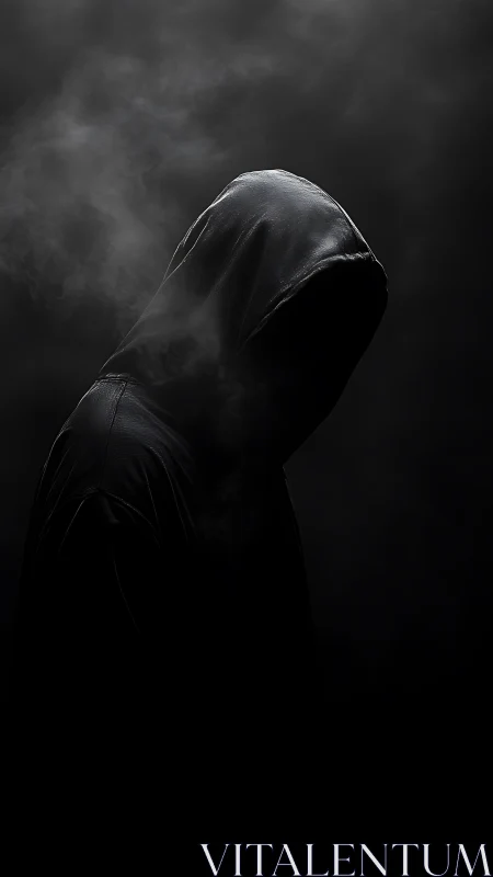 Hooded figure in low key lighting with smoke on dark background.