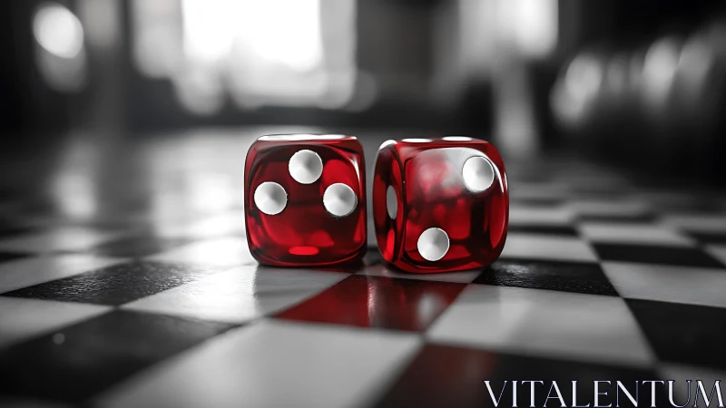 Scarlet dice flirt with chance on a blurred chessboard stage