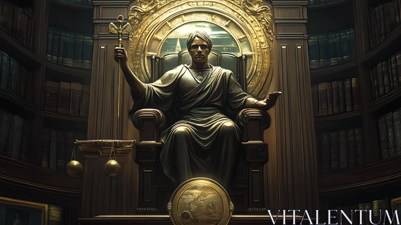 Serene judge on a golden throne in a quiet law library.