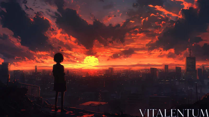 Solitary rooftop dreamer beneath a wildfire city sunset.