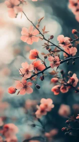 Soft-focus botanical study: delicate coral blossoms on dark branching stem.