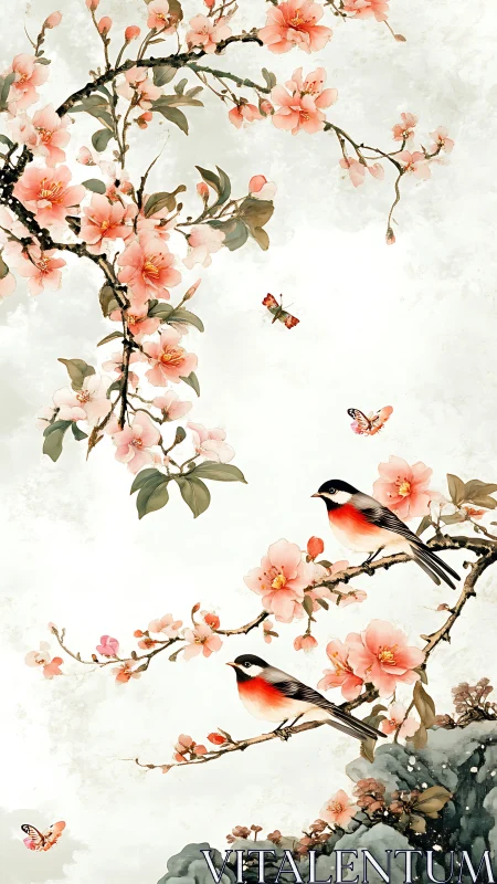 Ornithological study on plum blossoms with atmospheric negative space.