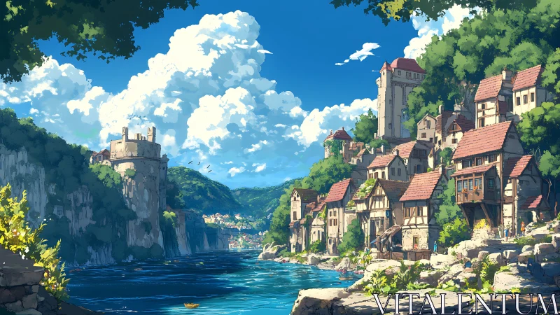 Riverside hill town rises beneath towering summer clouds