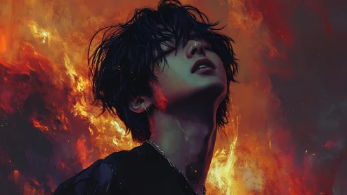 Burning serenity around lone figure in blazing inferno backdrop.