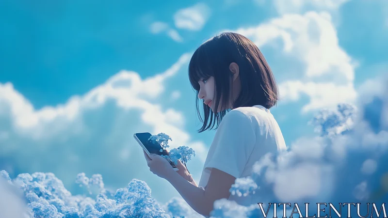 Digital illustration shows girl holding smartphone in flowers