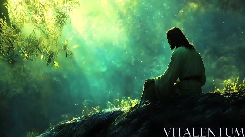 Figure in robe sits on rocky outcrop under diffused green light