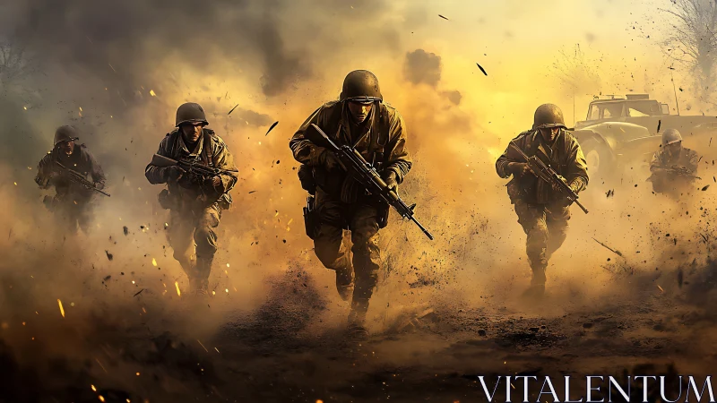 Infantry unit advancing through dense battlefield smoke.