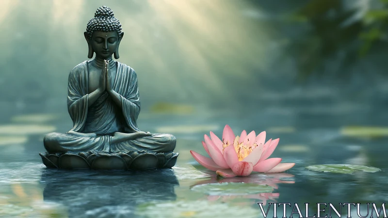 Serene Buddha statue meditates beside lotus on tranquil pond