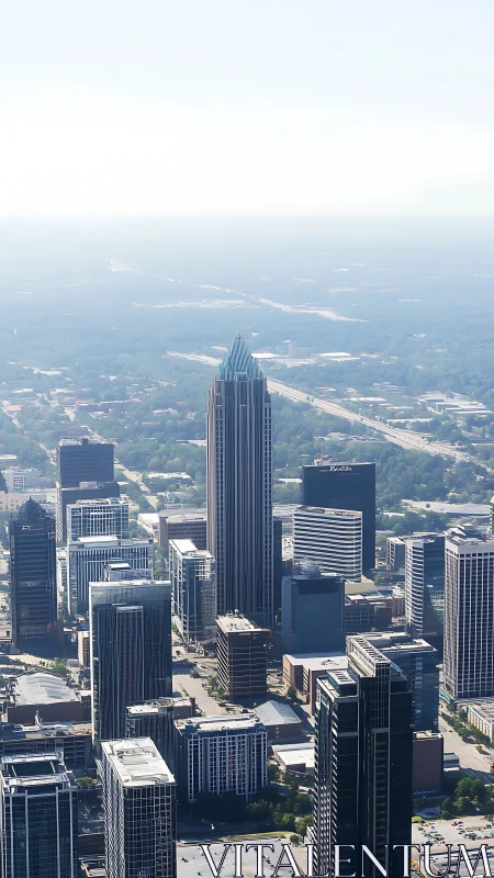 Sky piercing tower crowned in light above hazy city grid.