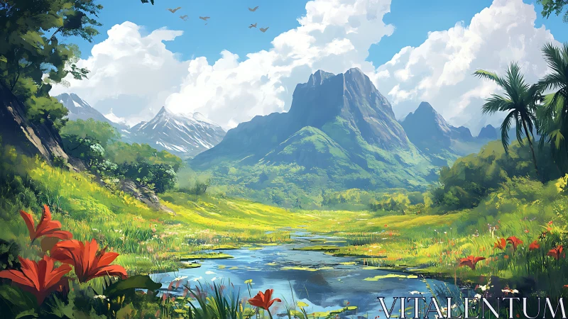 Sunlit mountain valley opens into a calm, flowered stream