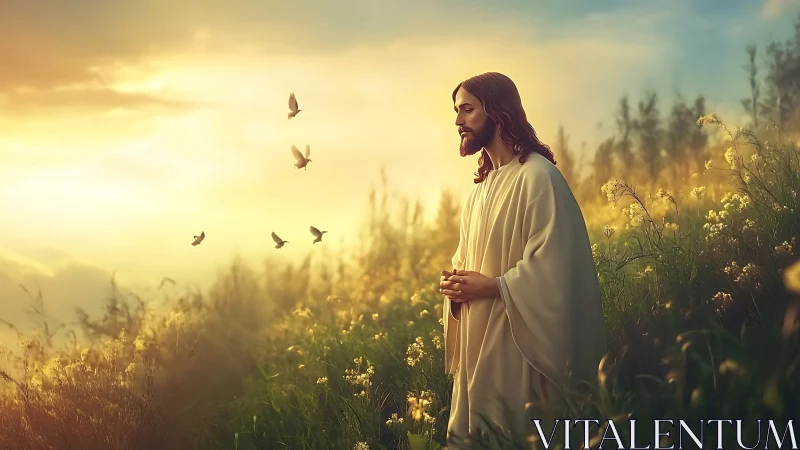 Gentle figure in prayerful sunrise meadow of quiet hope.