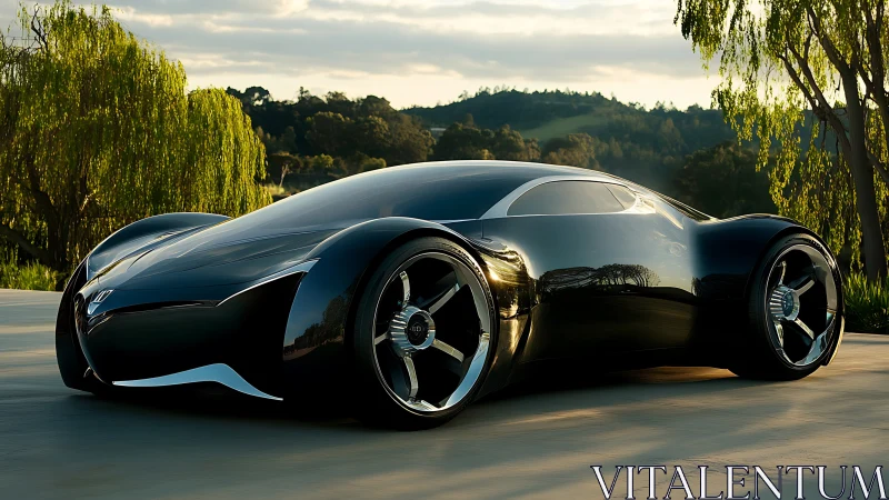 Midnight concept cruiser gliding through golden countryside.