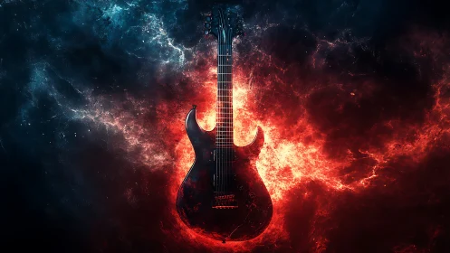 Firestorm guitar ignites in a cosmic clash of red and blue.
