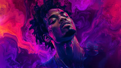 Neon dreamer dissolves into swirling violet soundwaves.