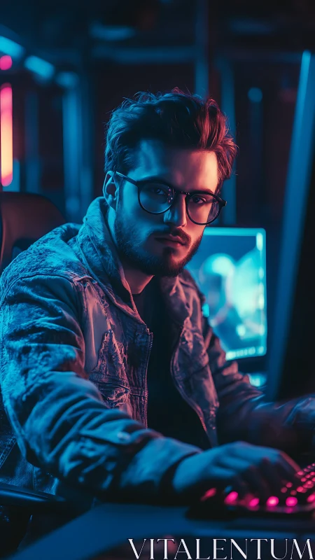 Focused gamer in neon-lit setup leans into intense gameplay.