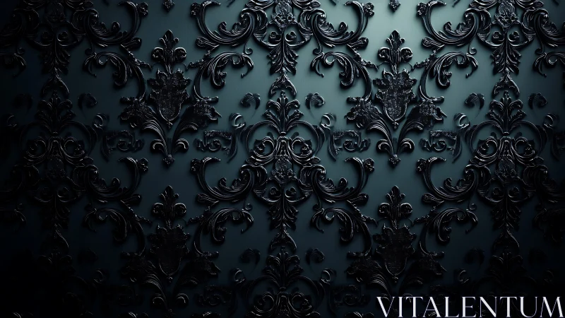 Dark embossed baroque floral pattern on teal surface.