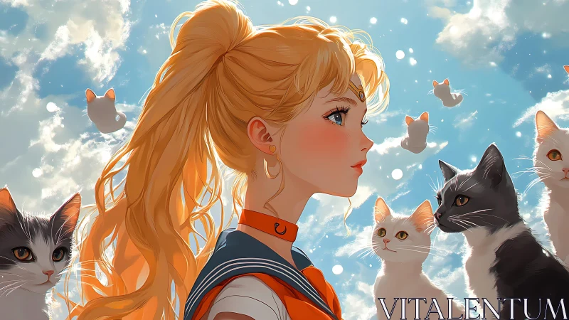 Blonde anime guardian with celestial cats under radiant sky.