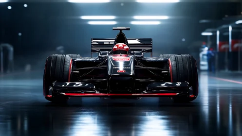 Midnight pit lane rocket waits, coiled in mirror-bright armor