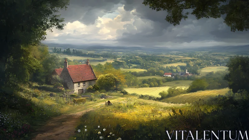 Sunlit country cottage above rolling patchwork valley.