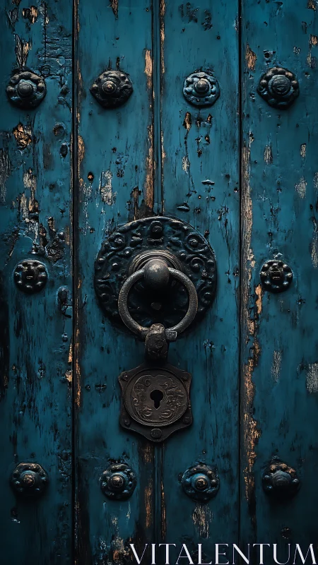 Weathered teal door with ornate lock suggests hidden stories
