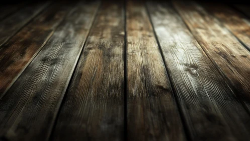 Close-up view of rustic wooden floorboards in low light.