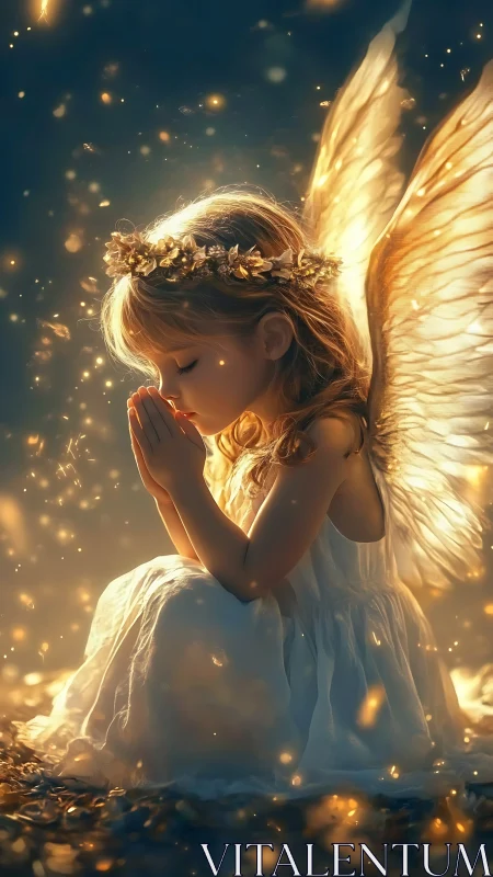 Golden-winged child angel kneels in quiet, sparkling light