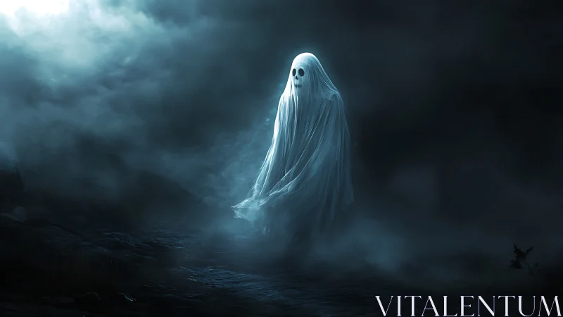 Ghostly figure drifts through misty moonlit ravine at night.
