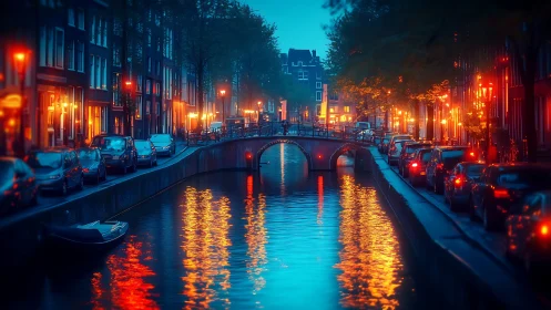 Canal bridge at blue hour wrapped in golden city lights.