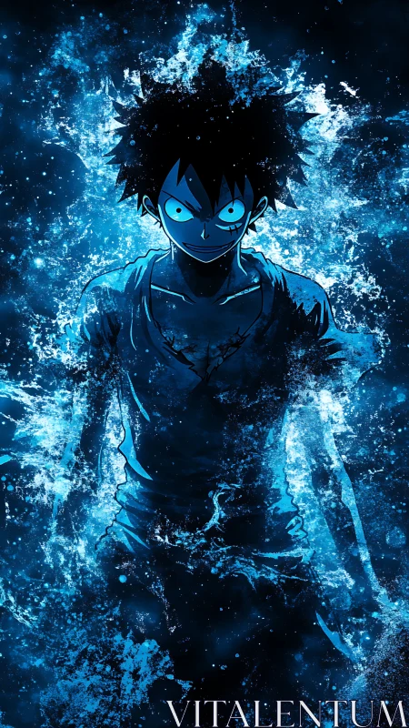 Electrified anime silhouette emerges from fractal blue energy