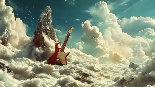 Electric guitar rising in cinematic cloud sea landscape.