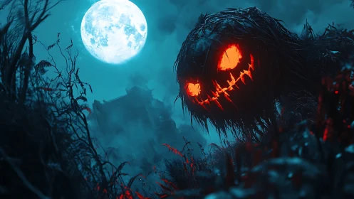Grinning moonlit monster looms over haunted marshland night