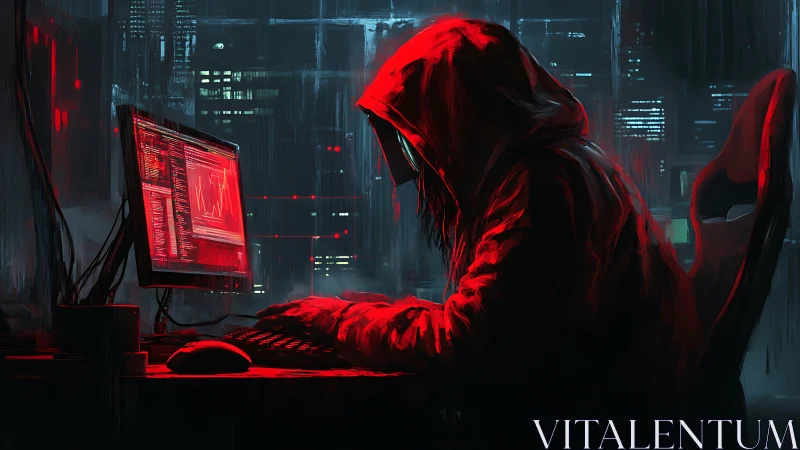Hooded hacker codes under neon red cyberpunk glow.