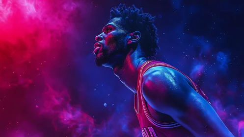 Neon lit basketball player powers through cinematic vapor haze