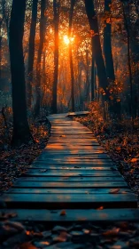 Golden Hour Path Through Autumn Woods.