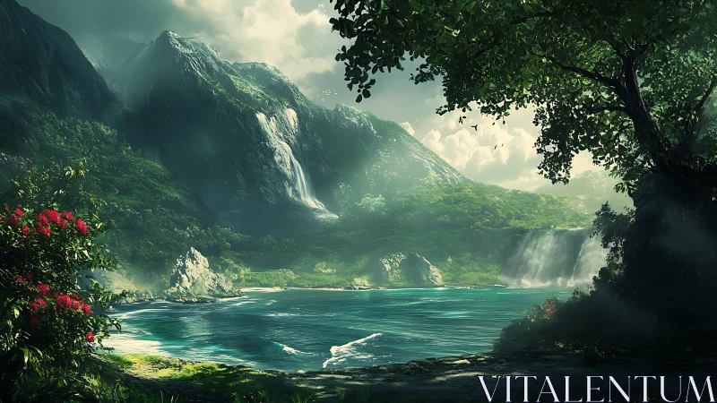 Luminous jungle bay beneath towering misted waterfalls.