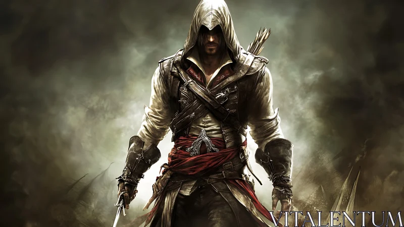 Hooded rogue strides from stormlit smoke with steel drawn.