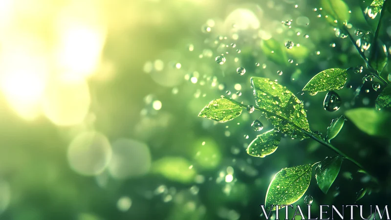 Sunlit dew-kissed leaves sparkling in a gentle morning glow.