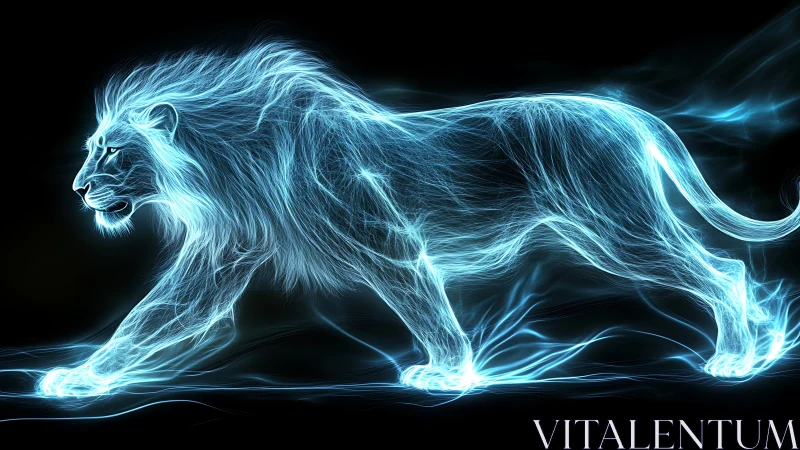 Electric neon lion stride over black void background.