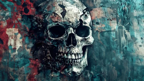 Weathered human skull amid grunge teal and crimson textures.