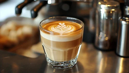 Latte in glass cup shows precise rosetta latte art