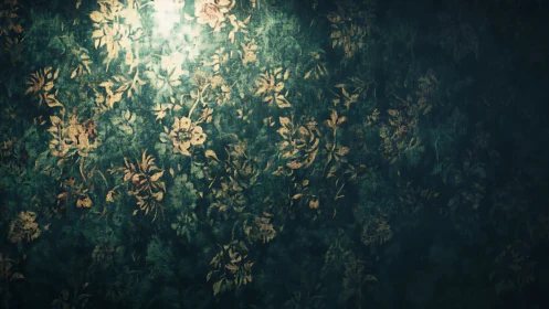 Faded emerald florals under a lone ghostly spotlight.