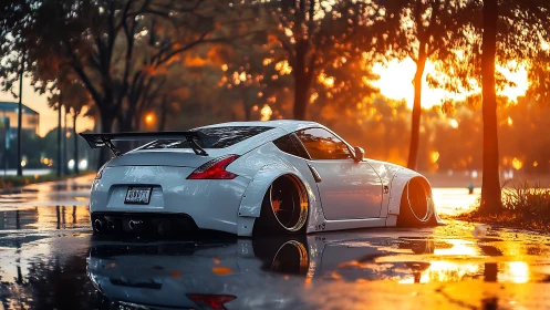 Widebody white tuner car under golden sunset rain reflections.