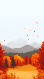 Minimalist autumn valley illustration with layered mountain silhouettes