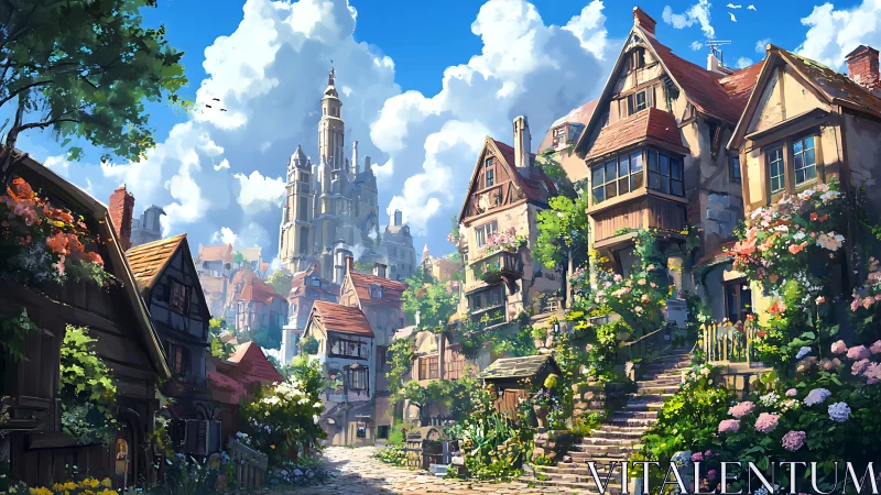 Sunlit hilltop village blooming beneath a storybook castle.