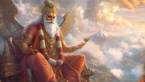 Winged deity seated above mountains in golden light.