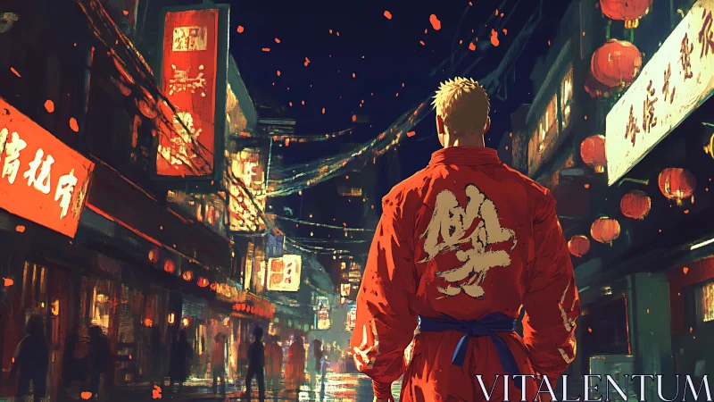 Neon night market welcomes a lone fighter in bright red