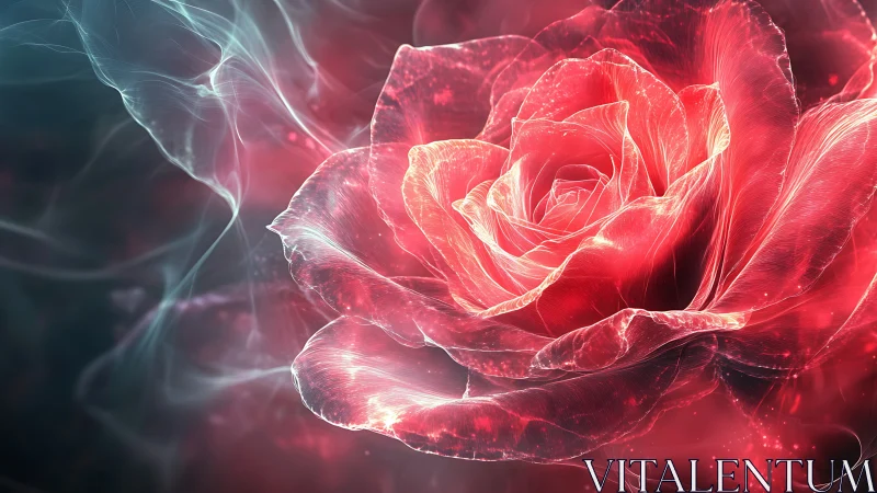 Glowing red rose in ethereal light with smoky background.