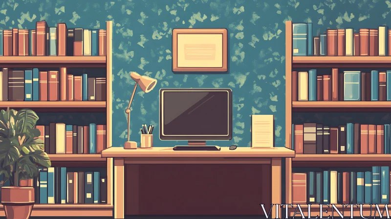 Digital workstation is positioned between two filled bookshelves